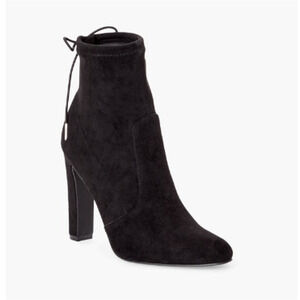New JustFab Jesyna Ankle Boot Black Stretch Bootie High Heel Faux Suede Size 9.5